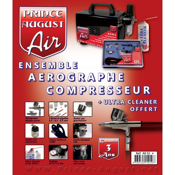 Prince August – AE01+ – Ensemble Aérographe Compresseur + Ultra Cleaner